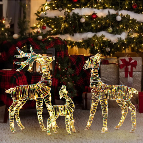 Image of 2D Set of 3 Lighted Christmas Reindeer Family Set Outdoor Decorations
