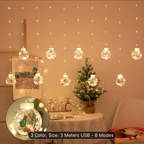 Image of Warm & Festive USB-Powered LED Curtain Lights: Santa & Snowman Designs with Yellow Blinking Effect