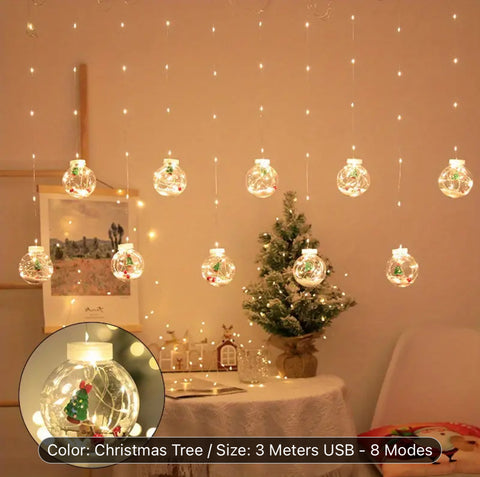 Image of Warm & Festive USB-Powered LED Curtain Lights: Santa & Snowman Designs with Yellow Blinking Effect