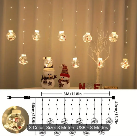 Image of Warm & Festive USB-Powered LED Curtain Lights: Santa & Snowman Designs with Yellow Blinking Effect