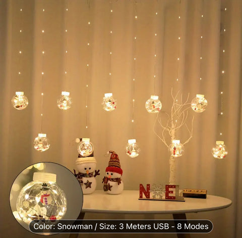 Image of Warm & Festive USB-Powered LED Curtain Lights: Santa & Snowman Designs with Yellow Blinking Effect