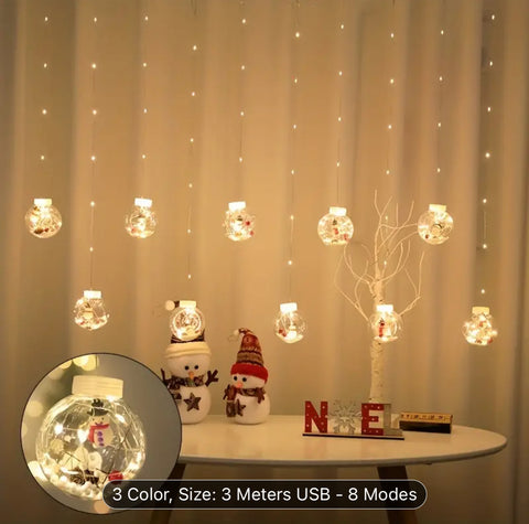 Image of Warm & Festive USB-Powered LED Curtain Lights: Santa & Snowman Designs with Yellow Blinking Effect