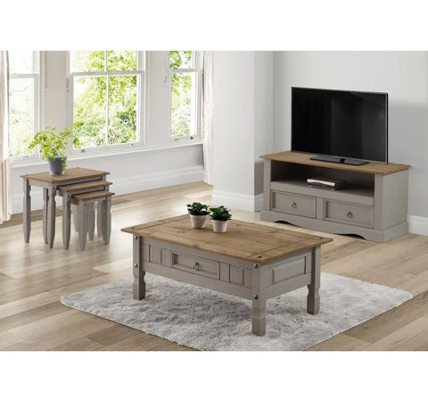 Image of Solid Pine Wood Coffee Table Grey Wax 1 Drawer