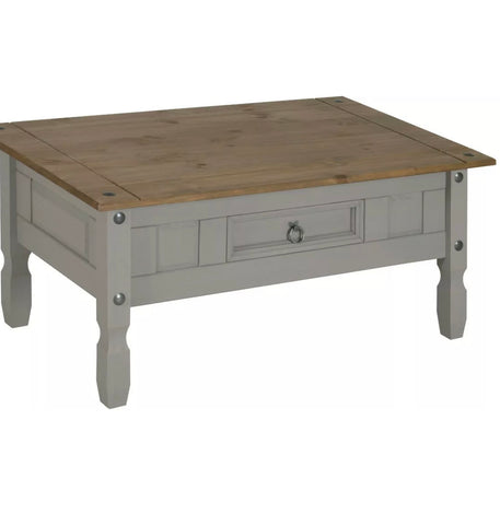 Image of Solid Pine Wood Coffee Table Grey Wax 1 Drawer