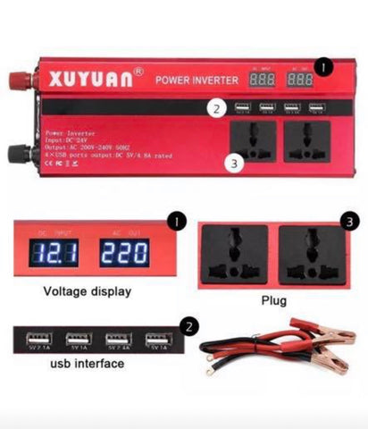 Image of Power Inverter 2000W/4000W DC 12V to AC 220V Sine Wave Convert with 4 USB Ports 2 Sockets
