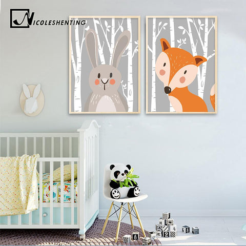 Image of Rabbit Fox Bear Animal Nursery Posters and Prints Wall Art Canvas Painting Decorative Picture Nordic Style Kids Decoration - Free Productz