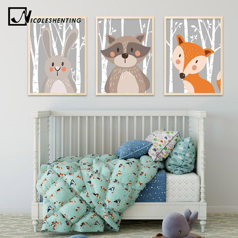 Image of Rabbit Fox Bear Animal Nursery Posters and Prints Wall Art Canvas Painting Decorative Picture Nordic Style Kids Decoration - Free Productz