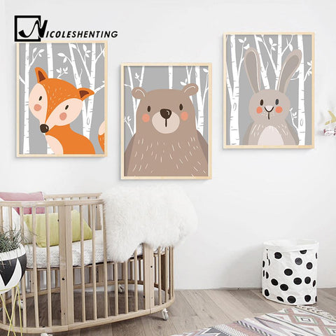 Image of Rabbit Fox Bear Animal Nursery Posters and Prints Wall Art Canvas Painting Decorative Picture Nordic Style Kids Decoration - Free Productz