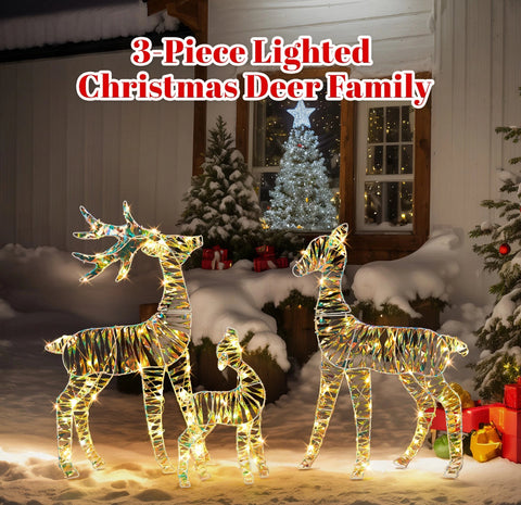 Image of 2D Set of 3 Lighted Christmas Reindeer Family Set Outdoor Decorations