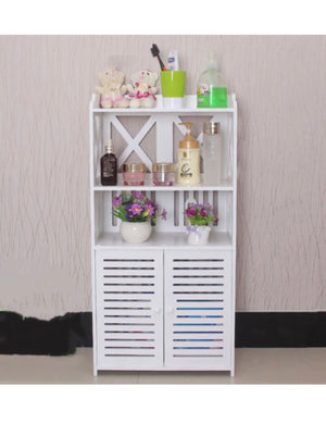 White Wooden Bathroom Cabinet Cupboard Tall Storage Unit Free Standing Shelf WPC