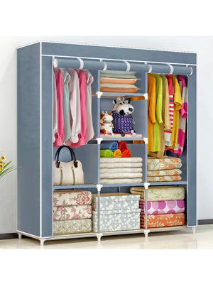 LARGE  FABRIC CANVAS WARDROBE HANGING RAIL SHELVING STORAGE CUPBOARD I