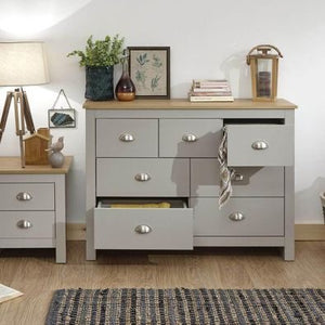 Grey Oak Design Wide 7 Drawer Chest of Drawers Storage