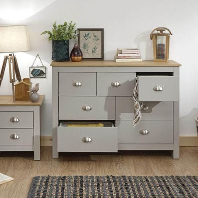 Image of Grey Oak Design Wide 7 Drawer Chest of Drawers Storage