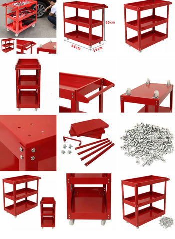 Image of Super Heavy Duty Garage Trolley Tool Storage Workshop DIY 3 Tier Wheel Cart Shelf