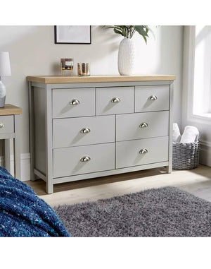 Grey Oak Design Wide 7 Drawer Chest of Drawers Storage