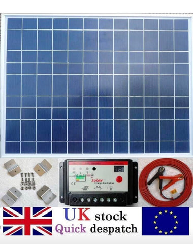 Image of 50w Solar Panel Kit + 10A PWM Charger Controller + 4m Cable fuse & Clips 12v Battery