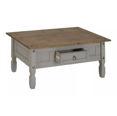 Image of Solid Pine Wood Coffee Table Grey Wax 1 Drawer