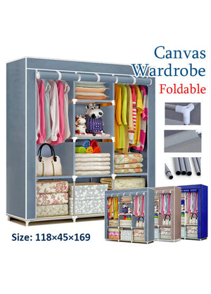 LARGE  FABRIC CANVAS WARDROBE HANGING RAIL SHELVING STORAGE CUPBOARD I