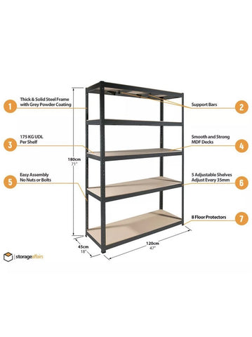 Image of Galvanised 5 Tier Shelving Unit Racking Garage Heavy Duty Shelf