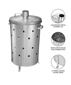 GARDEN RUBBISH FIRE BIN GALVANIZED INCINERATOR PAPER LEAF WOOD WASTE BURNER 90L