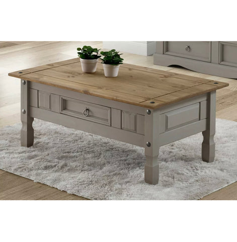 Image of Solid Pine Wood Coffee Table Grey Wax 1 Drawer