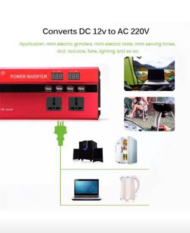 Image of Power Inverter 2000W/4000W DC 12V to AC 220V Sine Wave Convert with 4 USB Ports 2 Sockets