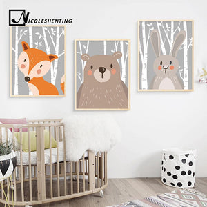 Rabbit Fox Bear Animal Nursery Posters and Prints Wall Art Canvas Painting Decorative Picture Nordic Style Kids Decoration - Free Productz