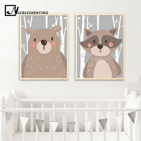 Image of Rabbit Fox Bear Animal Nursery Posters and Prints Wall Art Canvas Painting Decorative Picture Nordic Style Kids Decoration - Free Productz